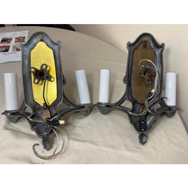 Pair of Antique Ornate 2-Arm Pewter Silver Gold Electric Wall Sconces Fixture For Sale - Image 10 of 10