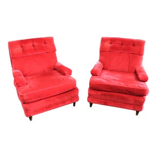 Mid Century Modern Design Red Velvet Upholstered Lounge Chairs - a Pair For Sale