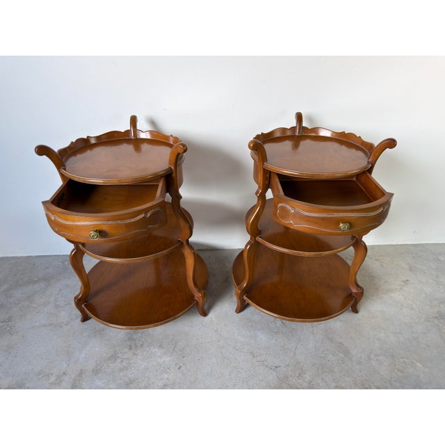 Vintage Grosfeld House Three Tier Walnut Side Tables With Drawer – A Pair For Sale - Image 4 of 12