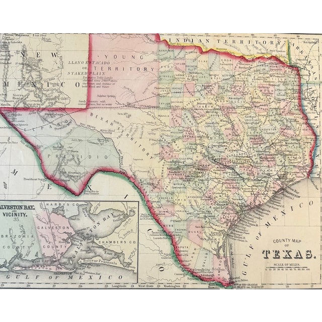 Original Steel Engraving detailing Texas, Galveston Bay & the Gulf of Mexico by Samuel Mitchell, 1863. Dimensions: 15.25"...