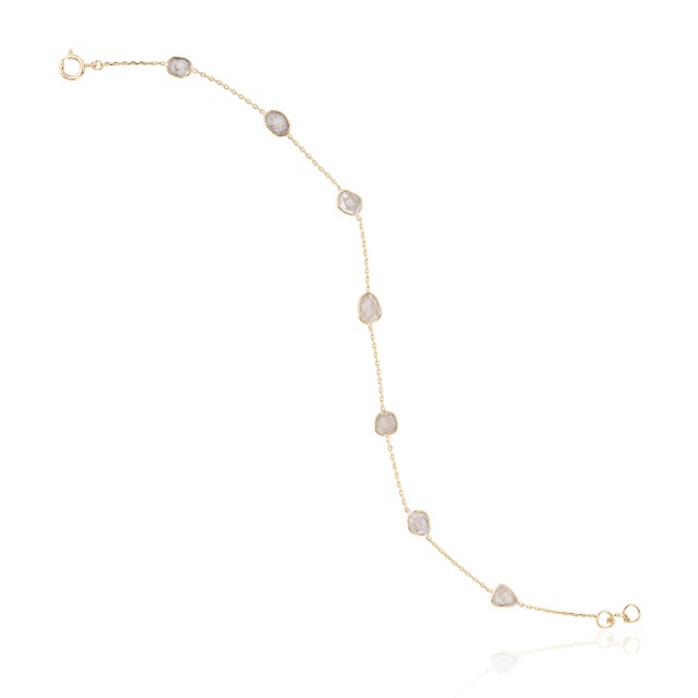 Minimalist 14k Yellow Gold Bezel Set Uncut Diamond Station Chain Bracelet For Sale - Image 11 of 18