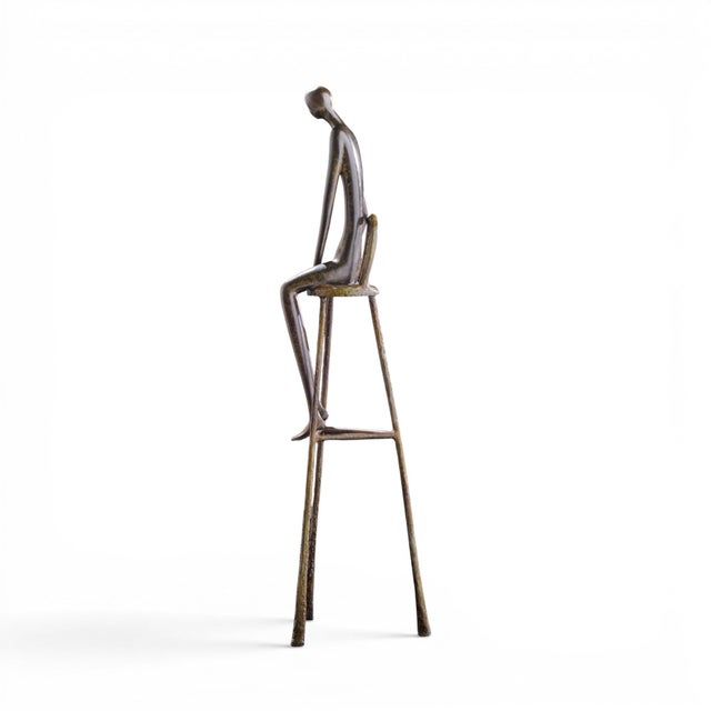 Ruth Bloch Signed 4/15 Israeli Man on Stool Bronze Sculpture For Sale - Image 4 of 10