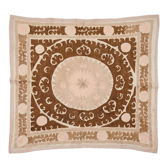 Decorative Neutral Tan Suzani From Uzbek — 4'6'' X 5'1'' For Sale