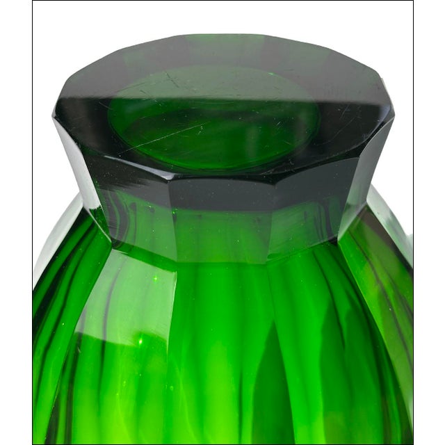 Emerald Vintage Facet Cut Emerald Green Czech Art Glass Vase For Sale - Image 8 of 9