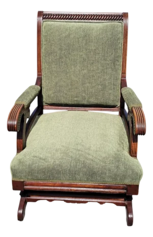 19th C American Walnut Rocking Chair Green Upholstery Refurbished