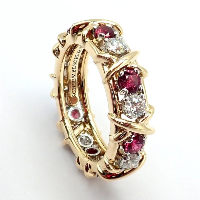 Tiffany & Co Schlumberger Gold Platinum 16 Stone Diamond Ruby Band Ring, Size 5 For Sale In Philadelphia - Image 6 of 14