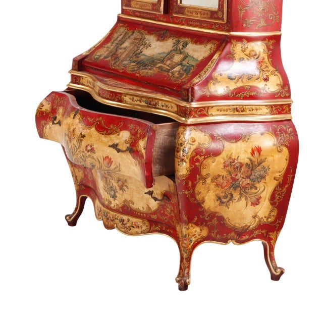 Italian Venetian Rococo-Style Painted Secretary Cabinet-Mirrored Doors, C. 1930s For Sale - Image 4 of 14