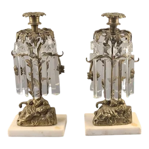 Pair Antique Late 19th Century Victorian Candlesticks Girandole Ornate Brass Figural Crystal Prisms Marble Base