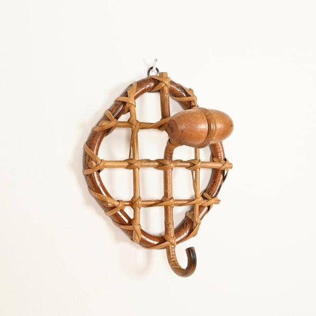 Brown Round Coat Hooks in Rattan and Wicker by Franco Albini, Italy, 1960s, Set of 3 For Sale - Image 8 of 12