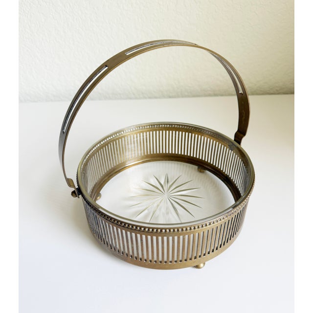 Metal Austrian Art Deco Centerpiece Bowl, Brass & Crystal, 1920s For Sale - Image 7 of 14