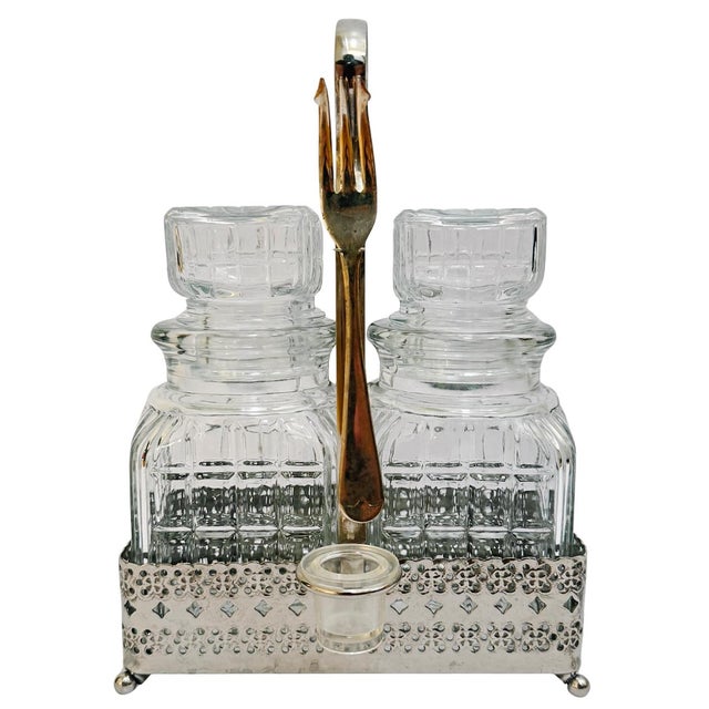 Victorian Antique English Silver Plated & Cut Glass Pickle Jars Pair in Original Caddy With Fork For Sale - Image 3 of 11