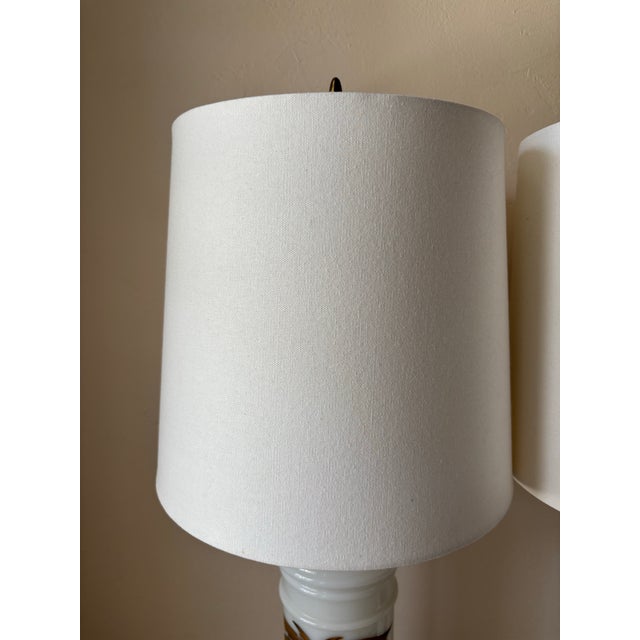 Metal Mid 20th Century Hollywood Regency Midcentury Gold and White Hand Painted Opaline Palm Tree Table Lamps - a Pair For Sale - Image 7 of 11