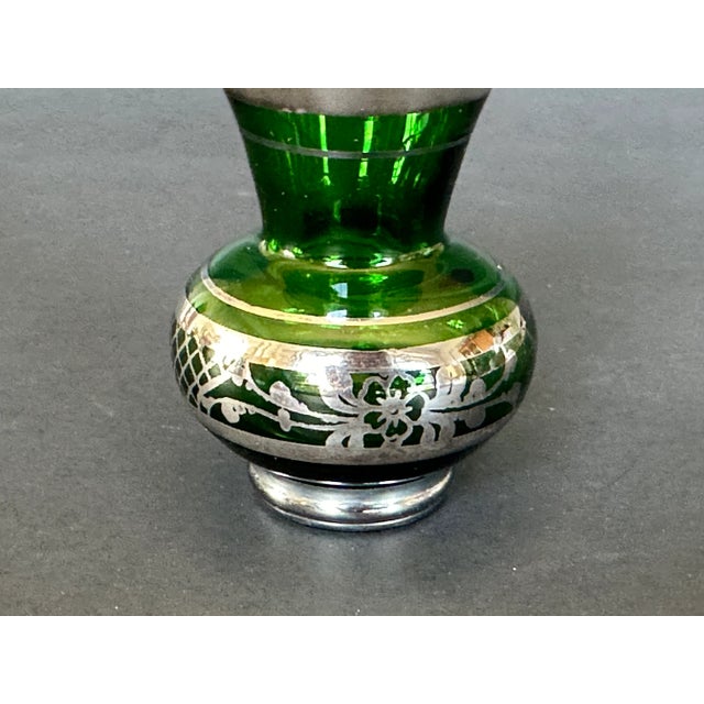 Early 20th Century Vintage Green Glass Vase With Silver Overlay For Sale - Image 5 of 11