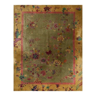 Beautiful Floral Design Tan Field and Yellow Broder Antique Chinese Art Deco Rug For Sale