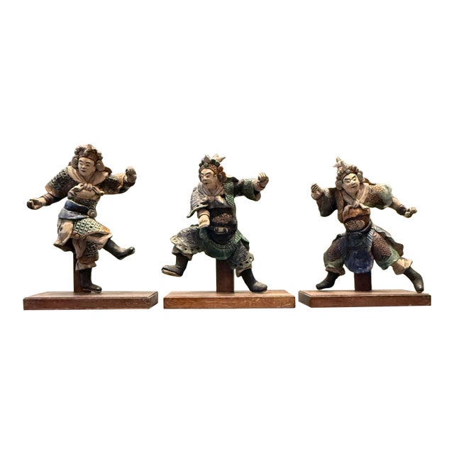 Set of 3 Antique Chinese Glazed Porcelain Roof Tiles of a Warrior Figures, 19th Century For Sale
