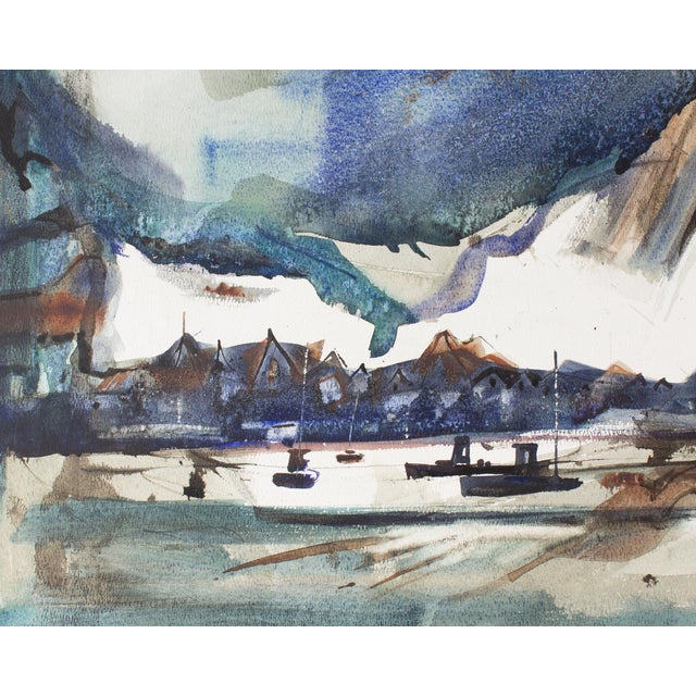 A 1988 watercolor painting by the American artist Virginia Brooks. The painting depicts city in the mountains with boats...