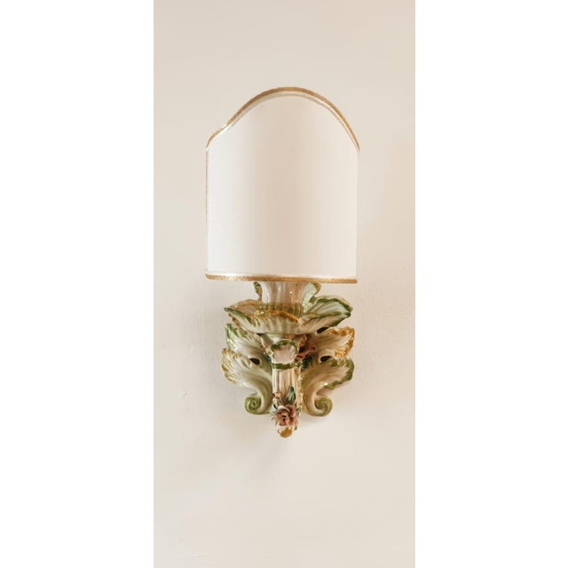 Ceramic Wall Light Decorated with Flowers with Fabric Fan For Sale - Image 12 of 18