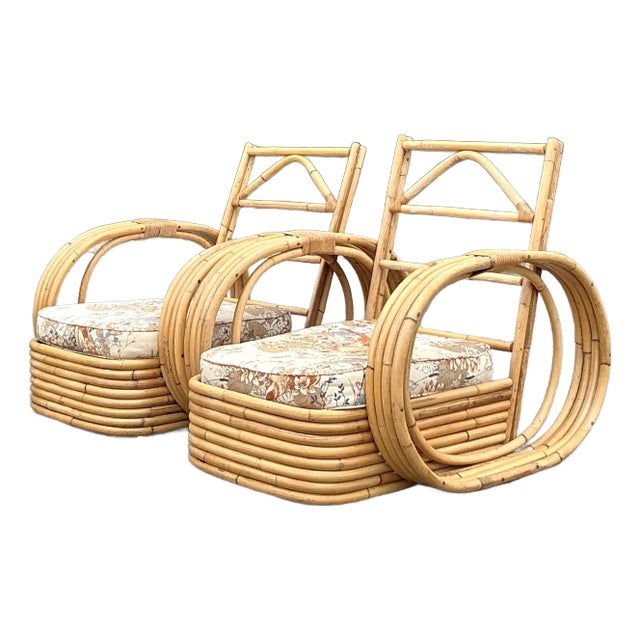 Vintage Coastal Bent Rattan Circle Lounge Chairs - A Pair For Sale