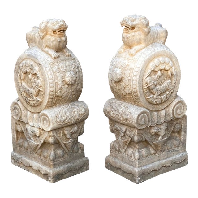 Chinese Pair White Marble Stone Fengshui Foo Dogs Drum Statues For Sale