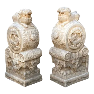 Chinese Pair White Marble Stone Fengshui Foo Dogs Drum Statues