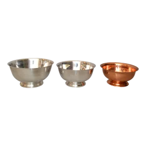 Mid 20th Century Art Deco Paul Revere Oneida Silver Company Silver & Copper Nesting Bowls - Set of 3