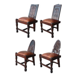 Primitive Hand Carved Wood and Leather Chairs - 4 Available For Sale