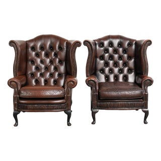 English Chesterfield Cowhide Wing Armchairs, Set of 2 For Sale