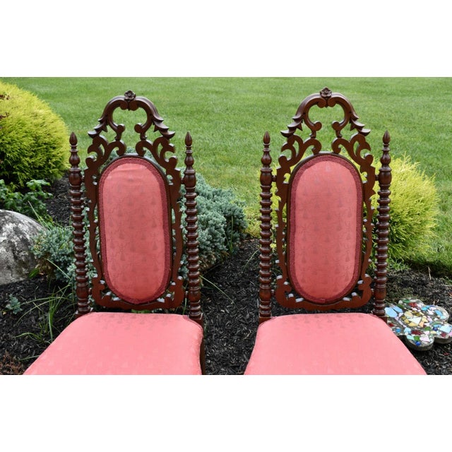 Antique Walnut Boudoir Chairs Victorian Side Spindle Carved Pair 1880s Coral For Sale - Image 4 of 12