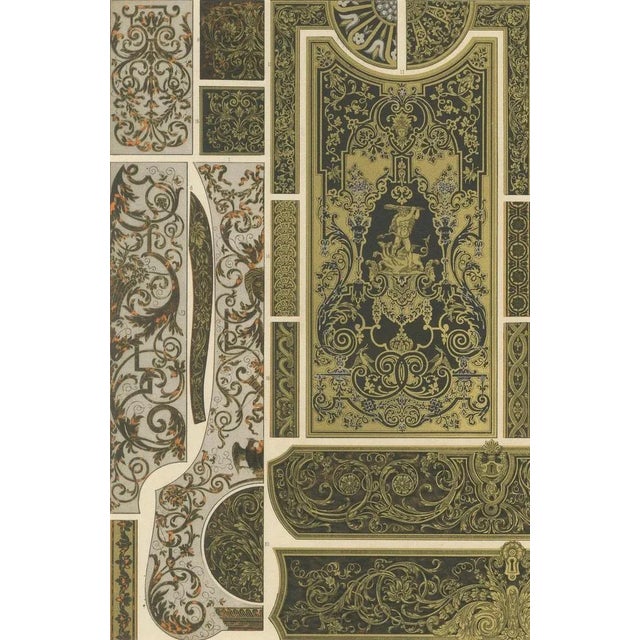 Paper After Racinet, 17th-18th Century French Decorative Panels with Gilded Scrollwork and Inlay, 1869, Print For Sale - Image 7 of 10