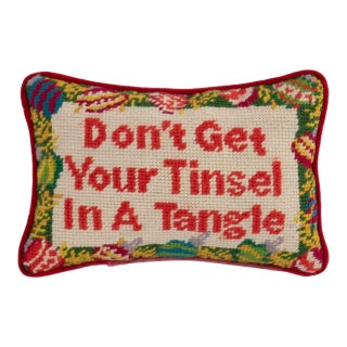 Small Vintage Christmas Needlepoint Pillow - "Don't Get Your Tinsel in a Tangle" For Sale