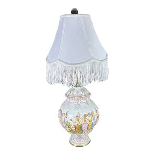 Vintage Italian Capodimonte Porcelain Table Lamp With Custom Fringe Shade - Mythological Bas Relief For Sale