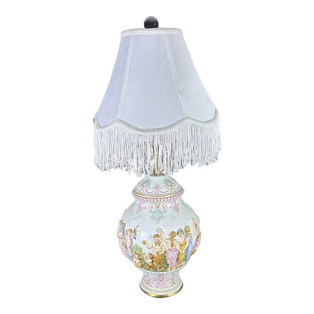 Vintage Italian Capodimonte Porcelain Table Lamp With Custom Fringe Shade - Mythological Bas Relief For Sale