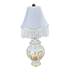 Vintage Italian Capodimonte Porcelain Table Lamp With Custom Fringe Shade - Mythological Bas Relief