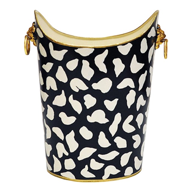 Matthew Izzo Home Wastebasket - Hand Painted Oval Tole Metal With Leopard Design, Raised Edges, Gold Leaf Trim and Lion Head Handles For Sale