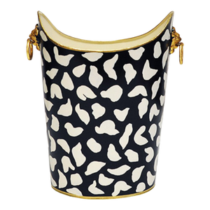 Matthew Izzo Home Wastebasket - Hand Painted Oval Tole Metal With Leopard Design, Raised Edges, Gold Leaf Trim and Lion Head Handles