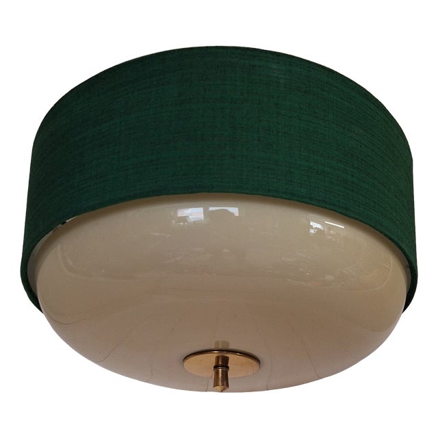 Mid-Century Ceiling Lamp with Cream-White Glass Shade in a Green Fabric Shade, 1960s For Sale