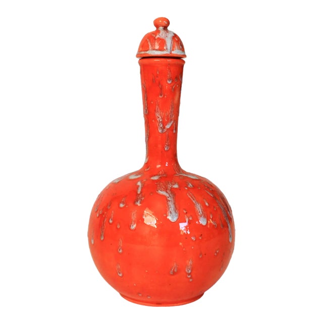 Mid-Century Orange Studio Art Drip Glaze Pottery Bottle Vase For Sale