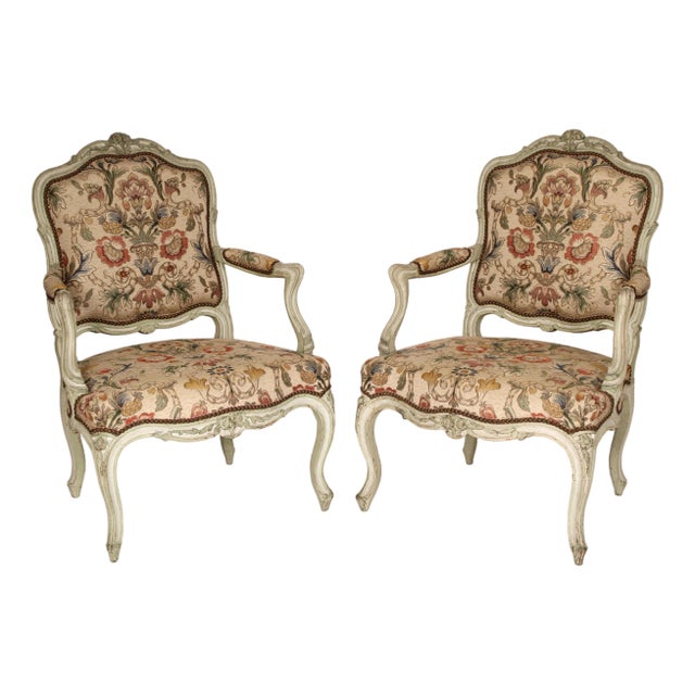 Pair of Antique Painted Louis XV Style Armchairs For Sale