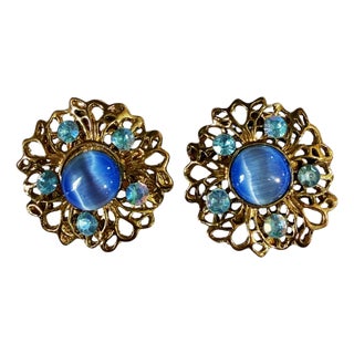 Vintage Clip-on Round Earrings With Blue Stones For Sale