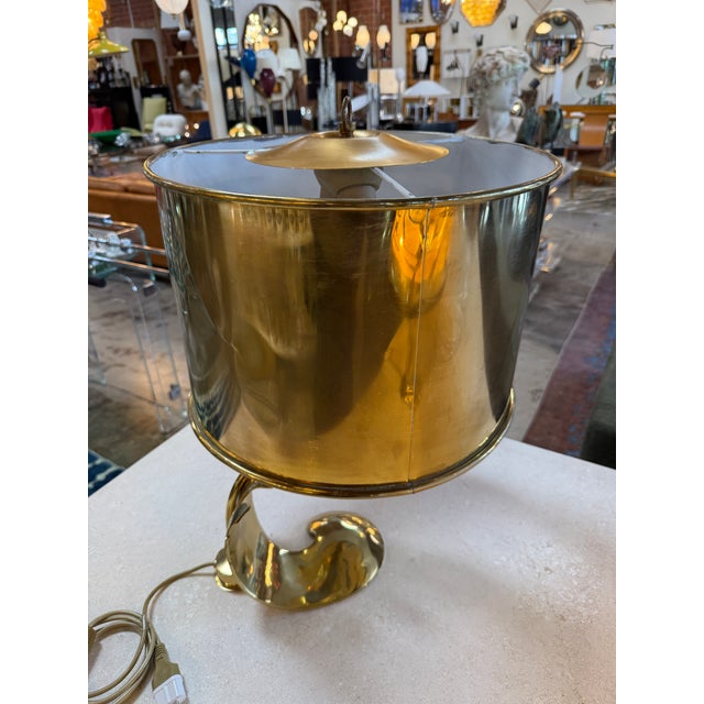 Italian Sculptural Brass Table Lamp With Cylindrical Shade, 1970s For Sale - Image 4 of 8