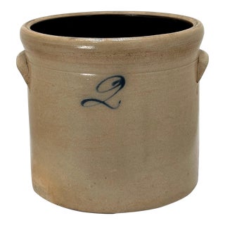 Circa Late 19th Century Antique American Blue Decorated Stoneware 2 Gallon Storage Crock For Sale