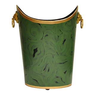 Matthew Izzo Home Wastebasket - Handpainted Oval Tole Metal With Malachite Design, Raised Edges, and Gold Leaf Trim and Lion Head Handles For Sale