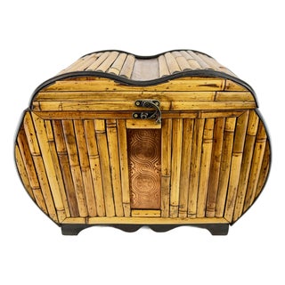 Vintage Bamboo & Rattan Curved Decorative Storage Chest For Sale