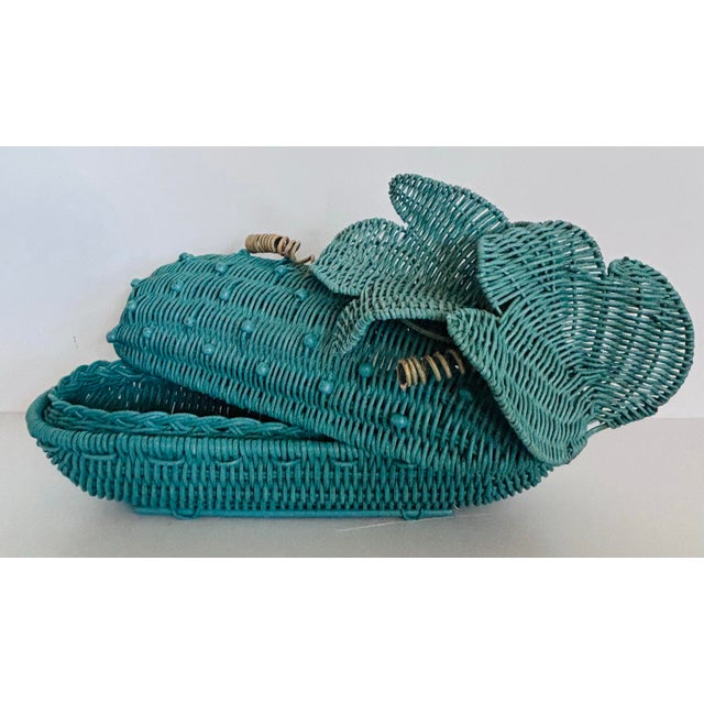 Wood Vintage Artisan Wicker Turquoise Eggplant W/ Lid For Sale - Image 7 of 8
