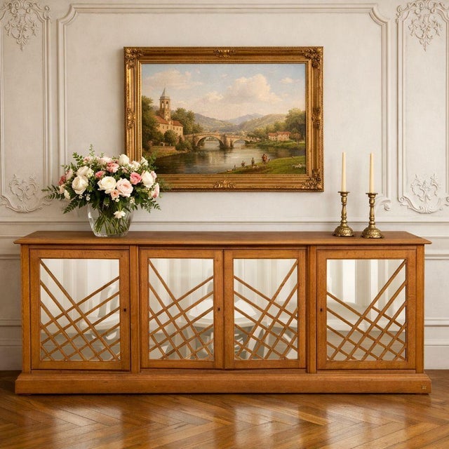 FRENCH MODERNIST CERUSED OAK SIDEBOARD BUFFET Jean Claude Mahey for Maison Romeo French, circa 1980 Brass signed Mahey...
