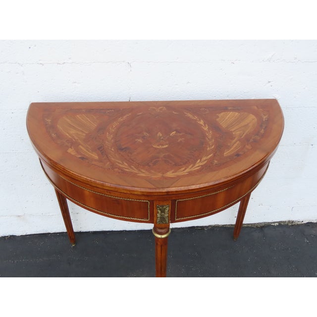 French French Demilune Inlay Leather Top Console Flip Top Card Table 6916 For Sale - Image 3 of 18