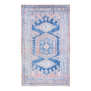 1960s Vintage Persian Shabby Chic Handmade Medallion Navy Blue Wool Rug For Sale