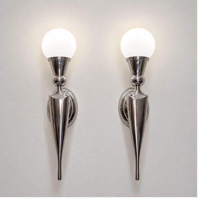 French Mid 20th Century Art Deco Sconces Metal and Glass Wall Lights - Pair For Sale - Image 3 of 9