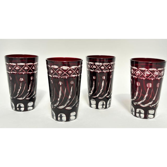 Set of 4 Ruby Red Cut-to-Clear Crystal Glasses, Hand-Cut Barware, Circa 1960s For Sale - Image 9 of 13