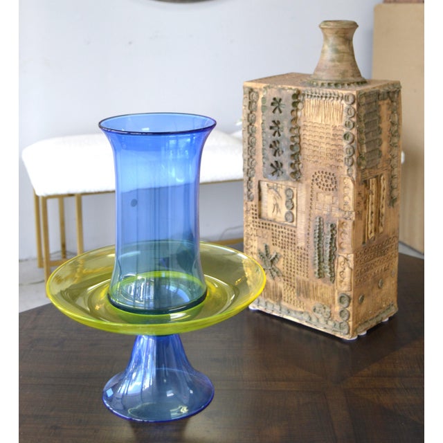 Signed Seguso Italy Murano Art Glass Vase Blue Yellow. Marked and numbered at the Base. Very good vintage condition....